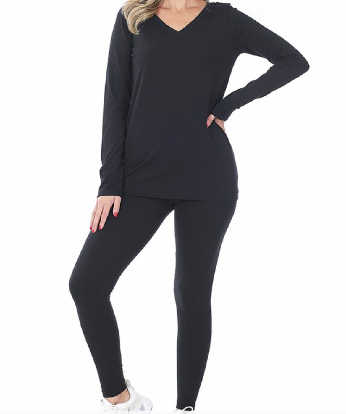 Black 2 piece cotton legging set. Top v-neck with long sleeves.