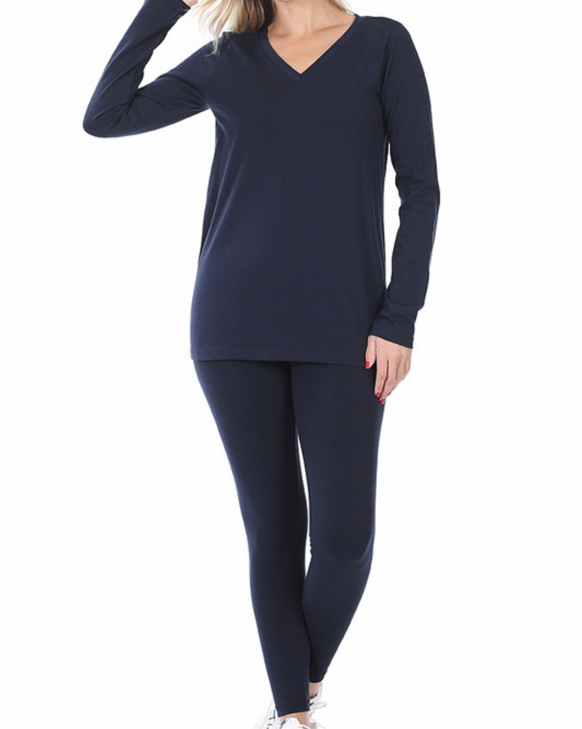 Navy Colored 2 piece cotton leggings set with v-neck top and long sleeves